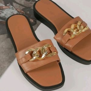 Faux leather chain detailing slip on sandals